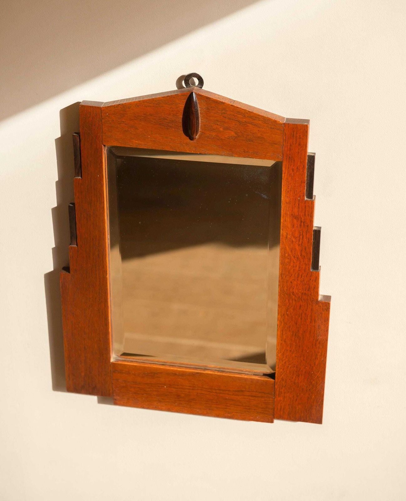 Art Deco Wall Mirror With Beveled Glass   Dutch Antique Mirror   Amsterdam School Wooden Mirror   1920s Geometric Stepped Oak Frame photo furniture
