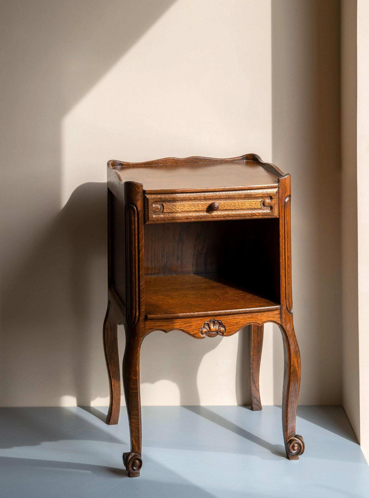 Antique Oak Bedside Table   French Louis XV Style Nightstand With Drawer   Vintage Small Side Cabinet photo furniture