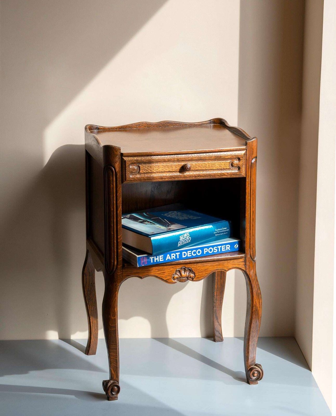 Antique Oak Bedside Table   French Louis XV Style Nightstand With Drawer   Vintage Small Side Cabinet photo Furniture