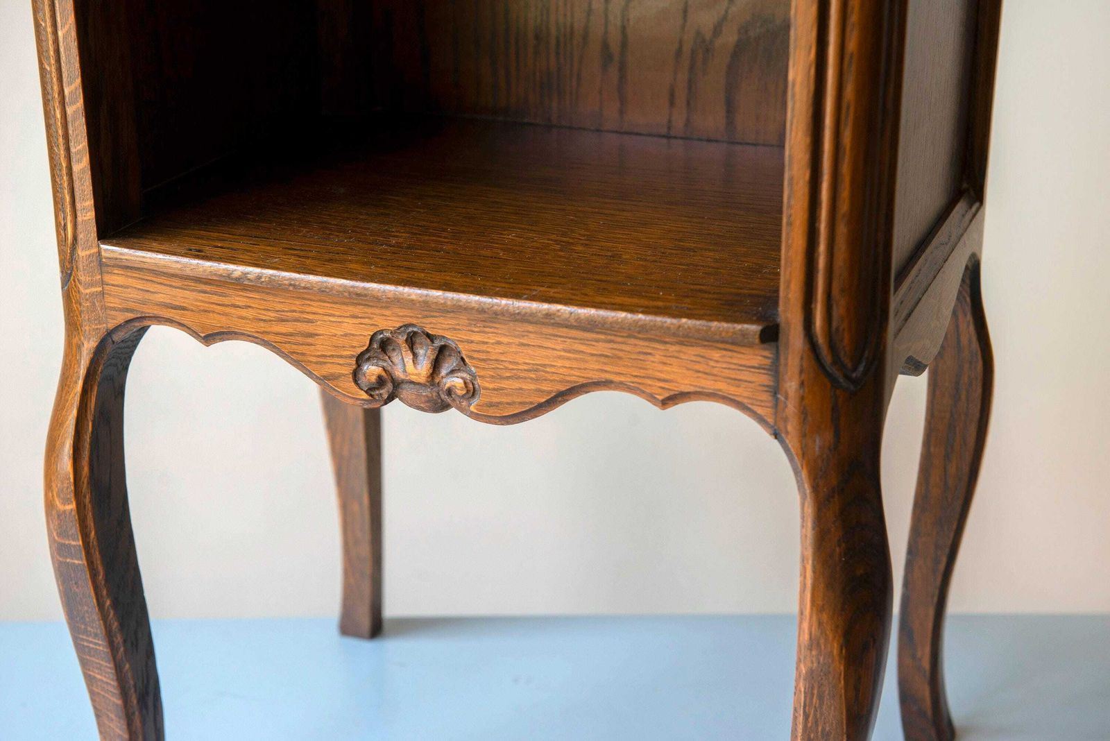 329.0 Antique Oak Bedside Table   French Louis XV Style Nightstand With Drawer   Vintage Small Side Cabinet photo