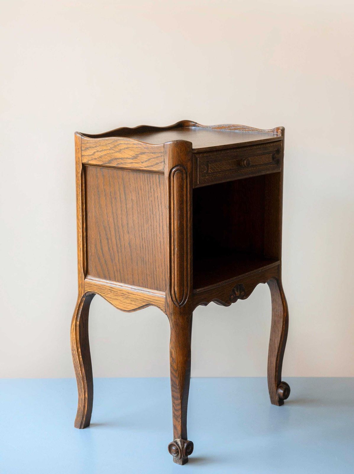 photo vintage Antique Oak Bedside Table   French Louis XV Style Nightstand With Drawer   Vintage Small Side Cabinet