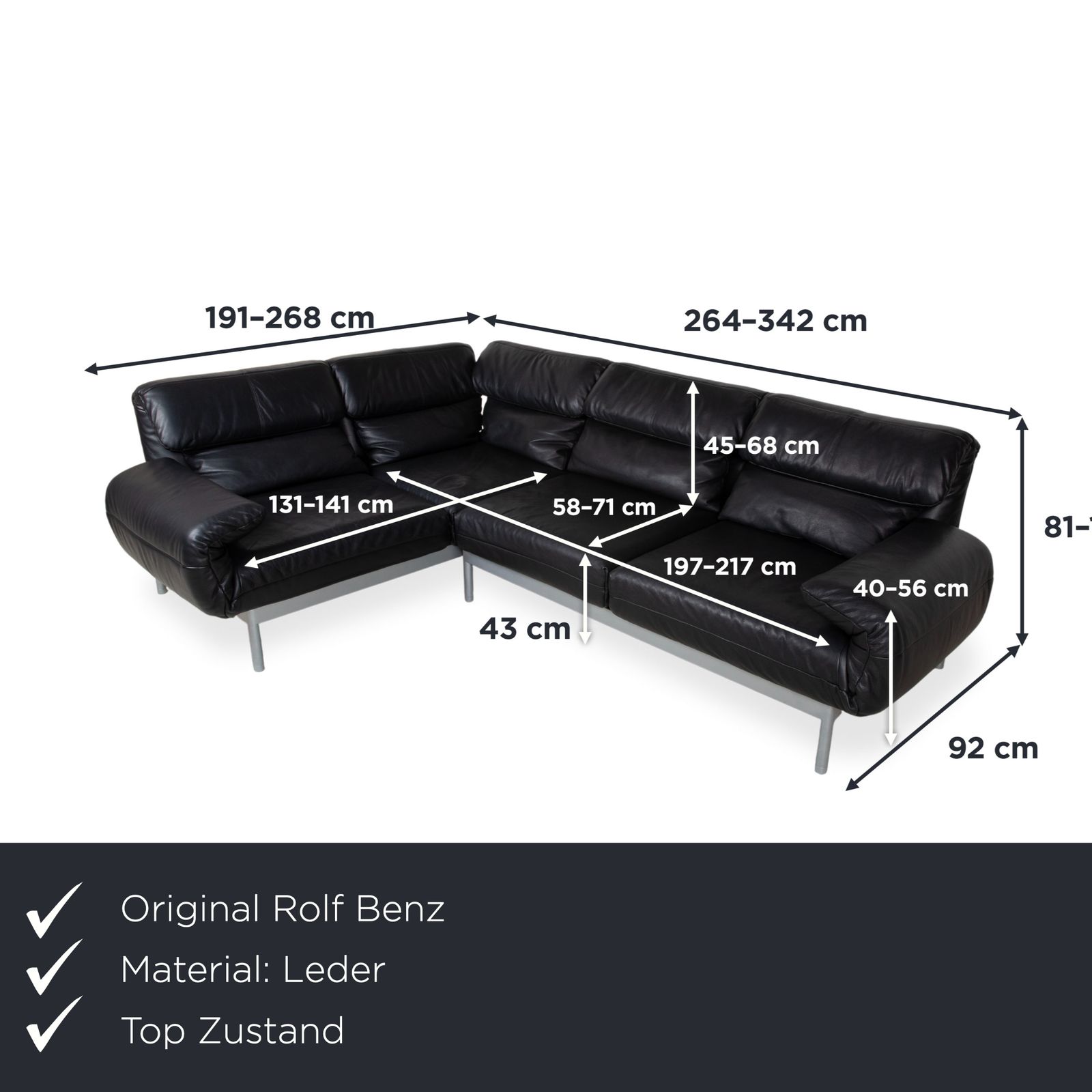 Rolf Benz Plura hoekbank, leer, zwart, manuele functie photo furniture