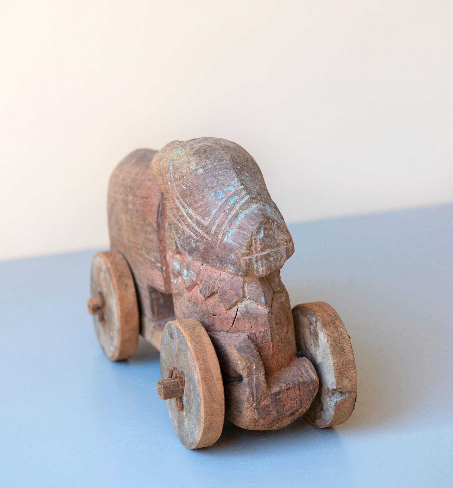 photo buy Antique Indian Nandi Bull On Wheels   Primitive Wooden Temple Toy   Rustic Folk Art Animal Sculpture