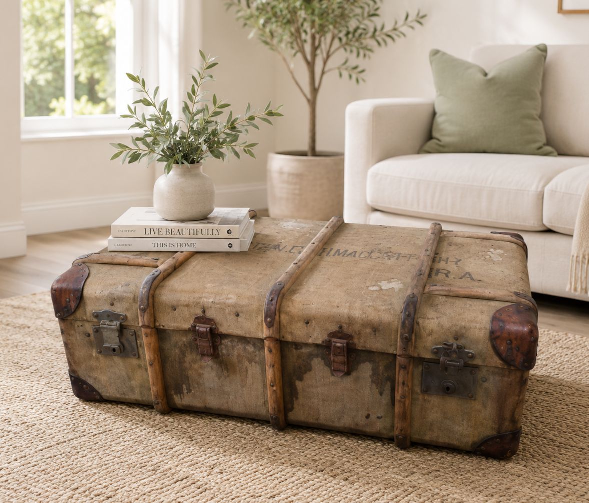 Antique Military Canvas Covered Steamer Trunk Campaign Chest Ra Rm Travel Case