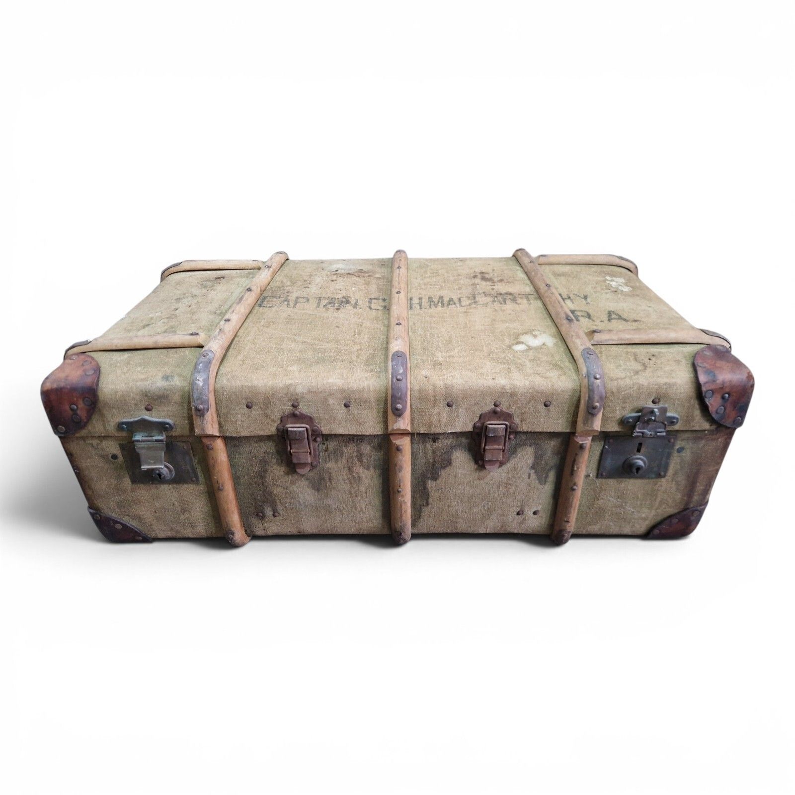 Antique Military Canvas Covered Steamer Trunk Campaign Chest Ra Rm Travel Case photo Furniture
