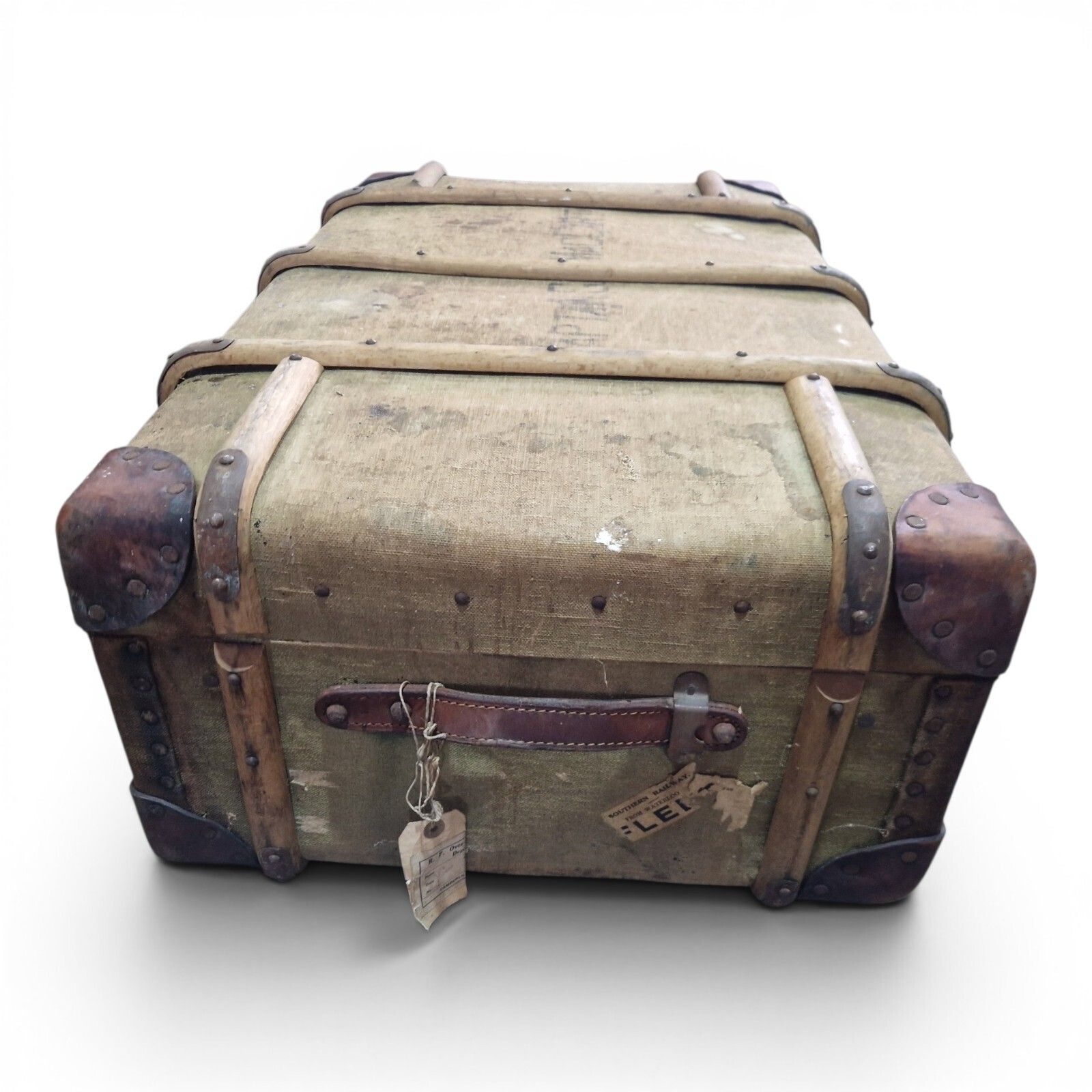 Antique Military Canvas Covered Steamer Trunk Campaign Chest Ra Rm Travel Case photo vinterior