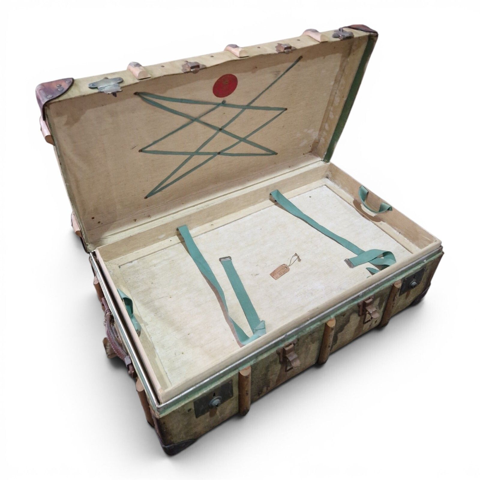 95.0 Antique Military Canvas Covered Steamer Trunk Campaign Chest Ra Rm Travel Case photo