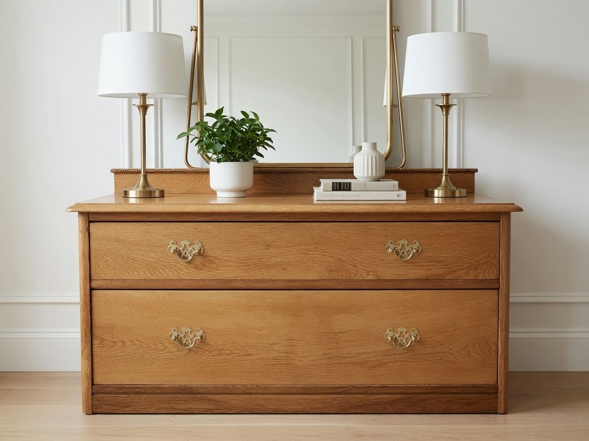 Vintage Solid Oak 2 Drawers Of Chest Of Drawers With Brass Handles