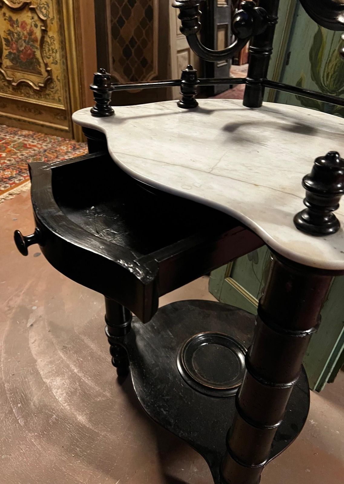 Toilet In Dark Wood And White Marble Top, Italy photo buy
