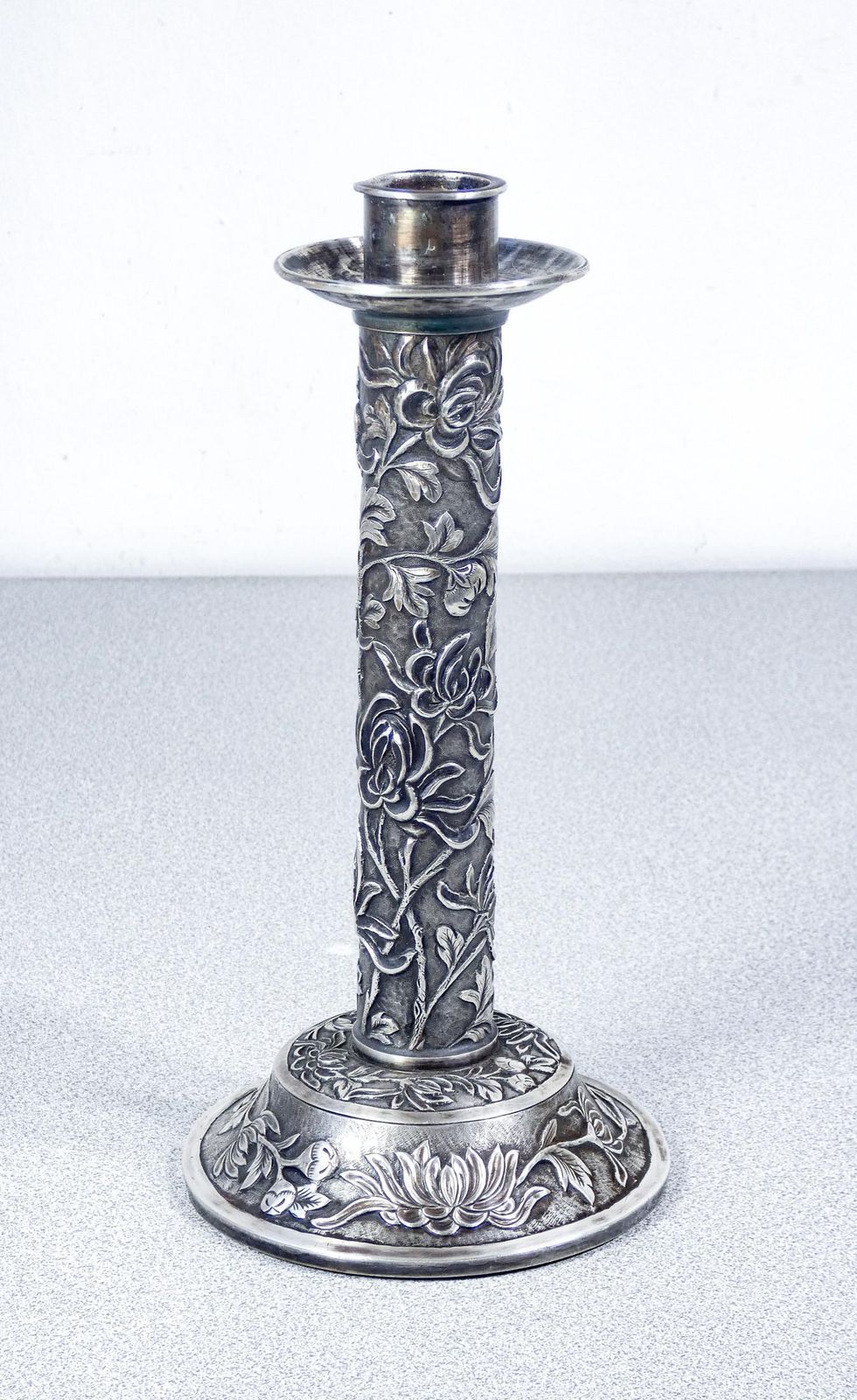 Embossed Silver Candlestick With Vegetal And Floral Decoration. China, 19th Century photo furniture
