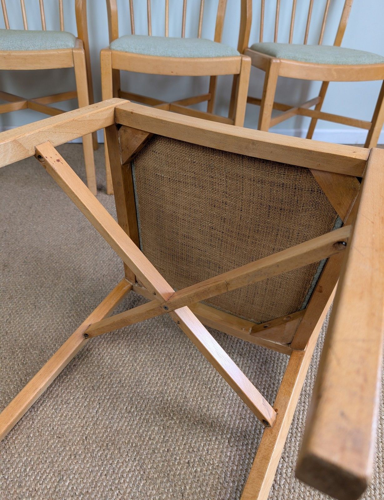 195.0 Set Of 4 1950's Beech Framed Kitchen Chairs With Upholstered Seats photo