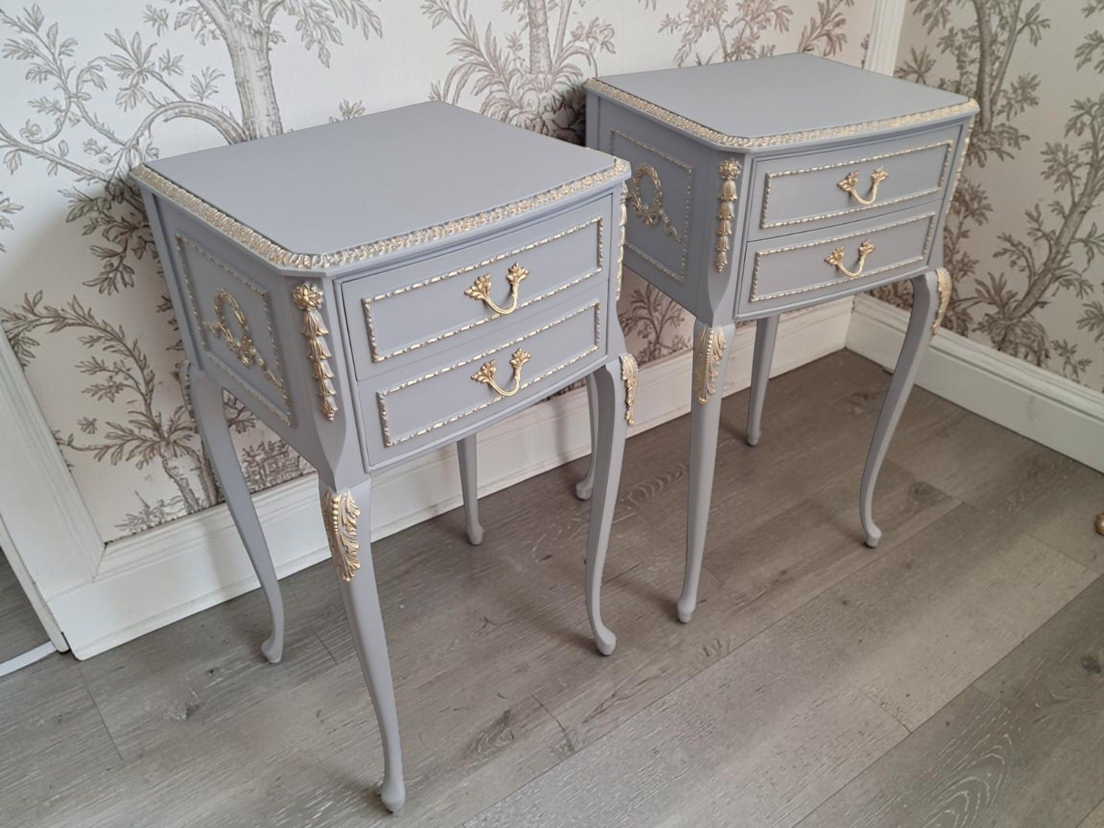 Antique Pair Louis XV Style Bedside Tables Hand Painted Grey French Cabinets photo Furniture