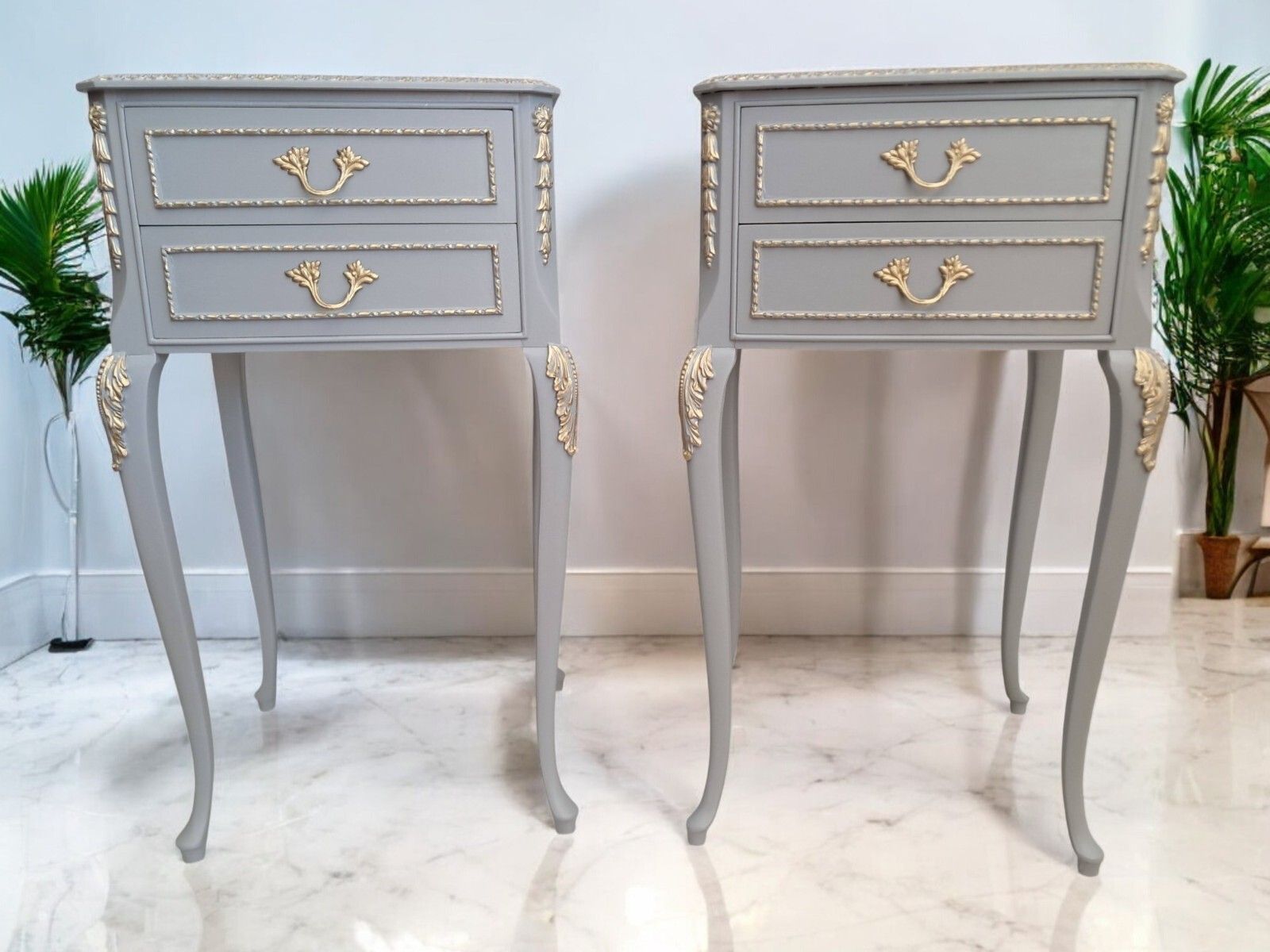 Antique Pair Louis XV Style Bedside Tables Hand Painted Grey French Cabinets photo vintage