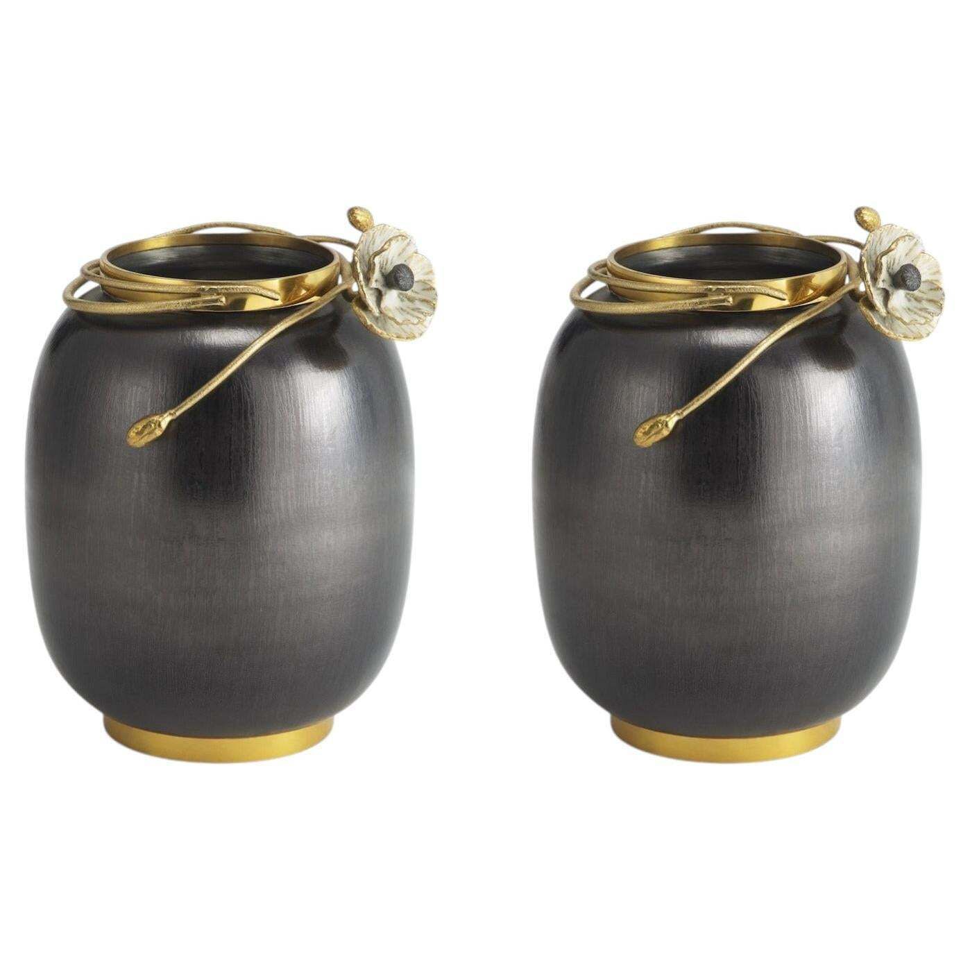 Pair Of Medium Contemporary Black And Gold Metal Anemone Vase