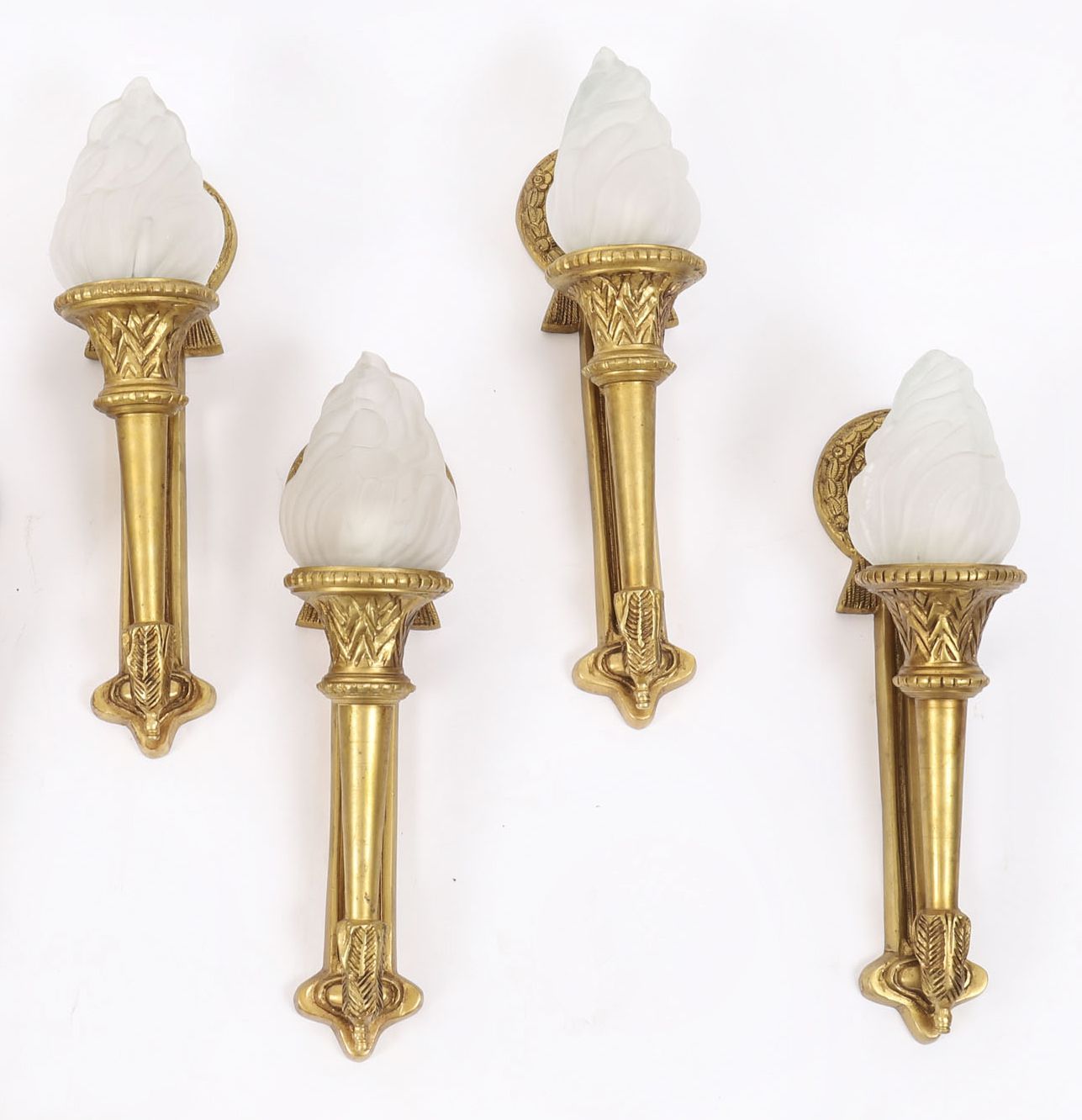 Set Of 4 Neo Classical Ormolu & Glass Flaming Torch Wall Lights C.1920