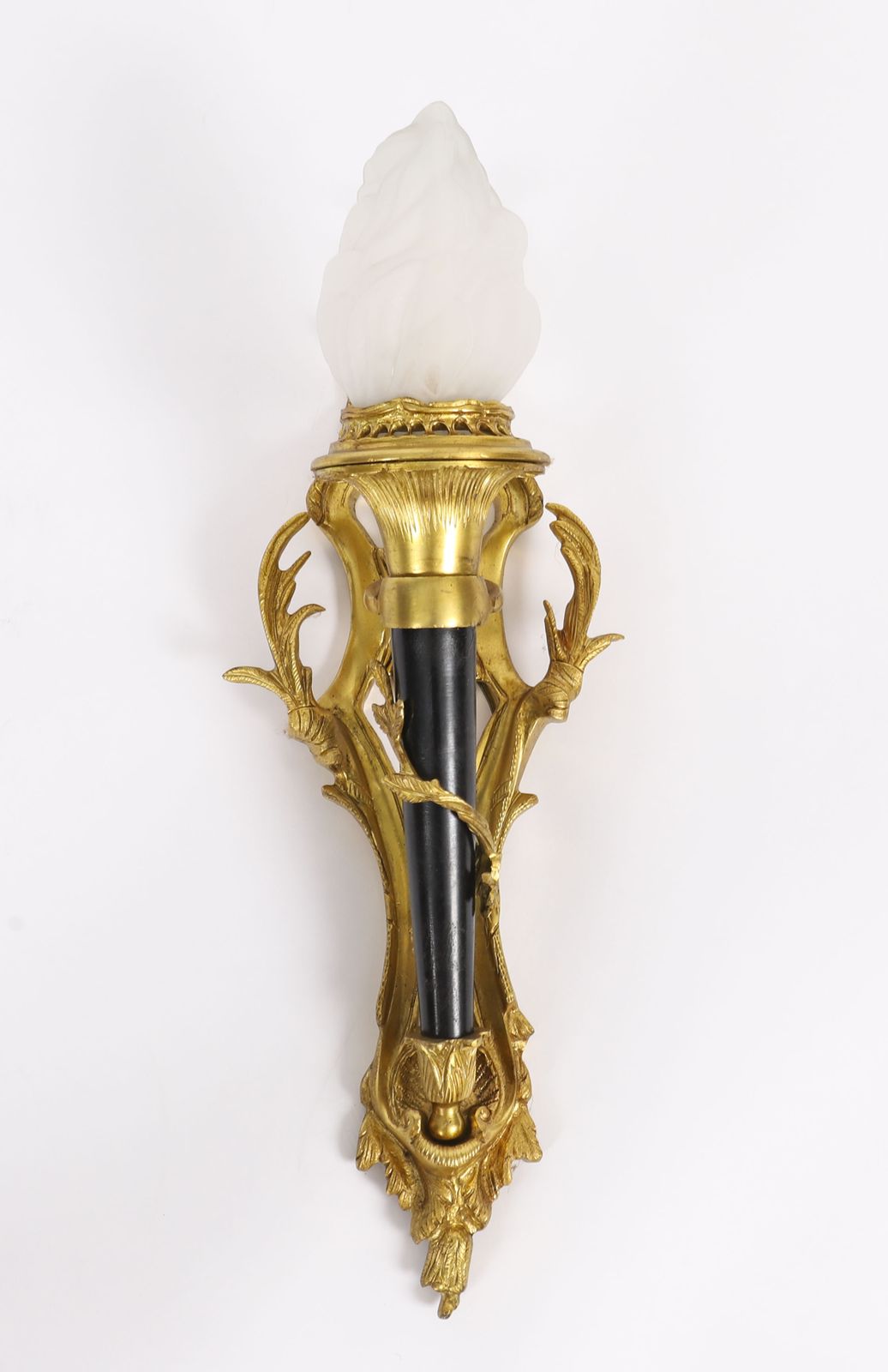 Pair Rococo Revival Ormolu & Glass Flaming Torch Wall Lights C.1900 photo for sale