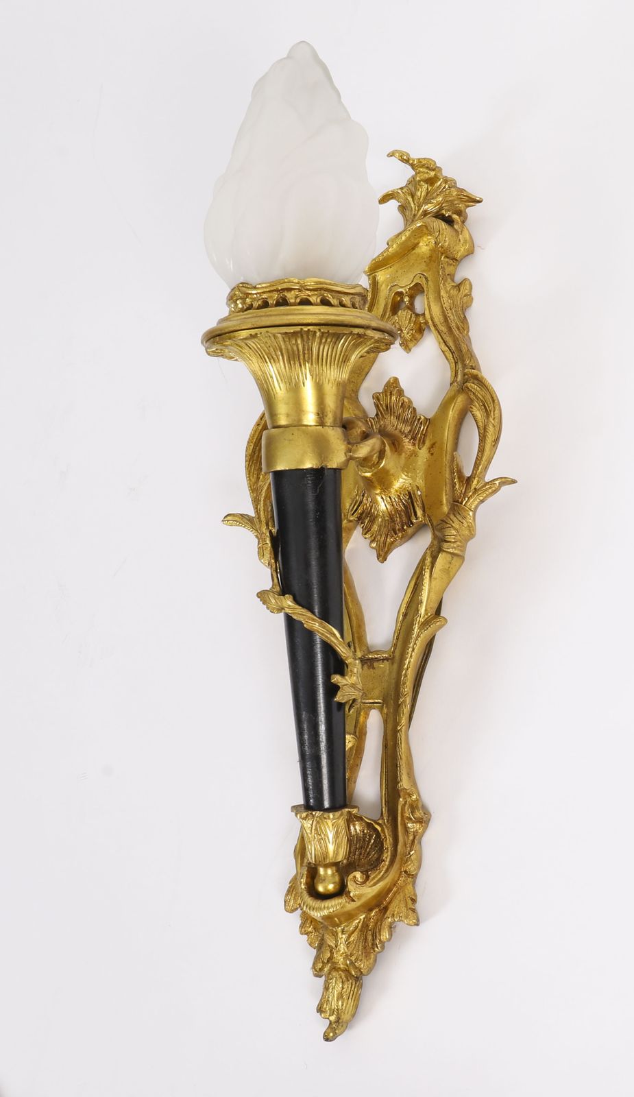 Pair Rococo Revival Ormolu & Glass Flaming Torch Wall Lights C.1900 photo buy