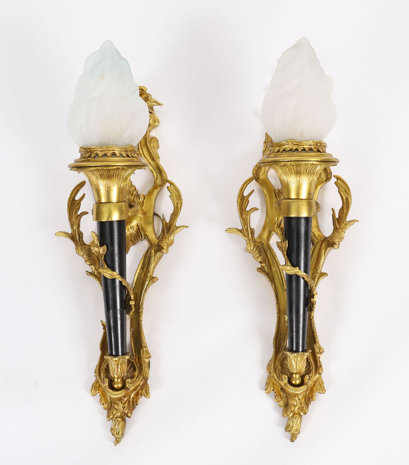 photo for sale Pair Rococo Revival Ormolu & Glass Flaming Torch Wall Lights C.1900
