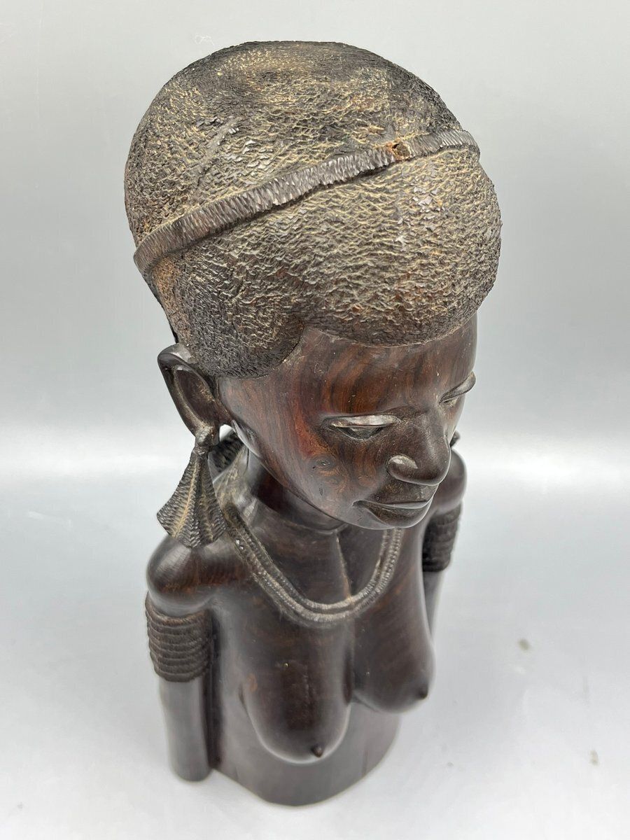 photo vinterior Heavy Vintage Bust Of An African Woman Made Of Makassar Ebony, 1970s