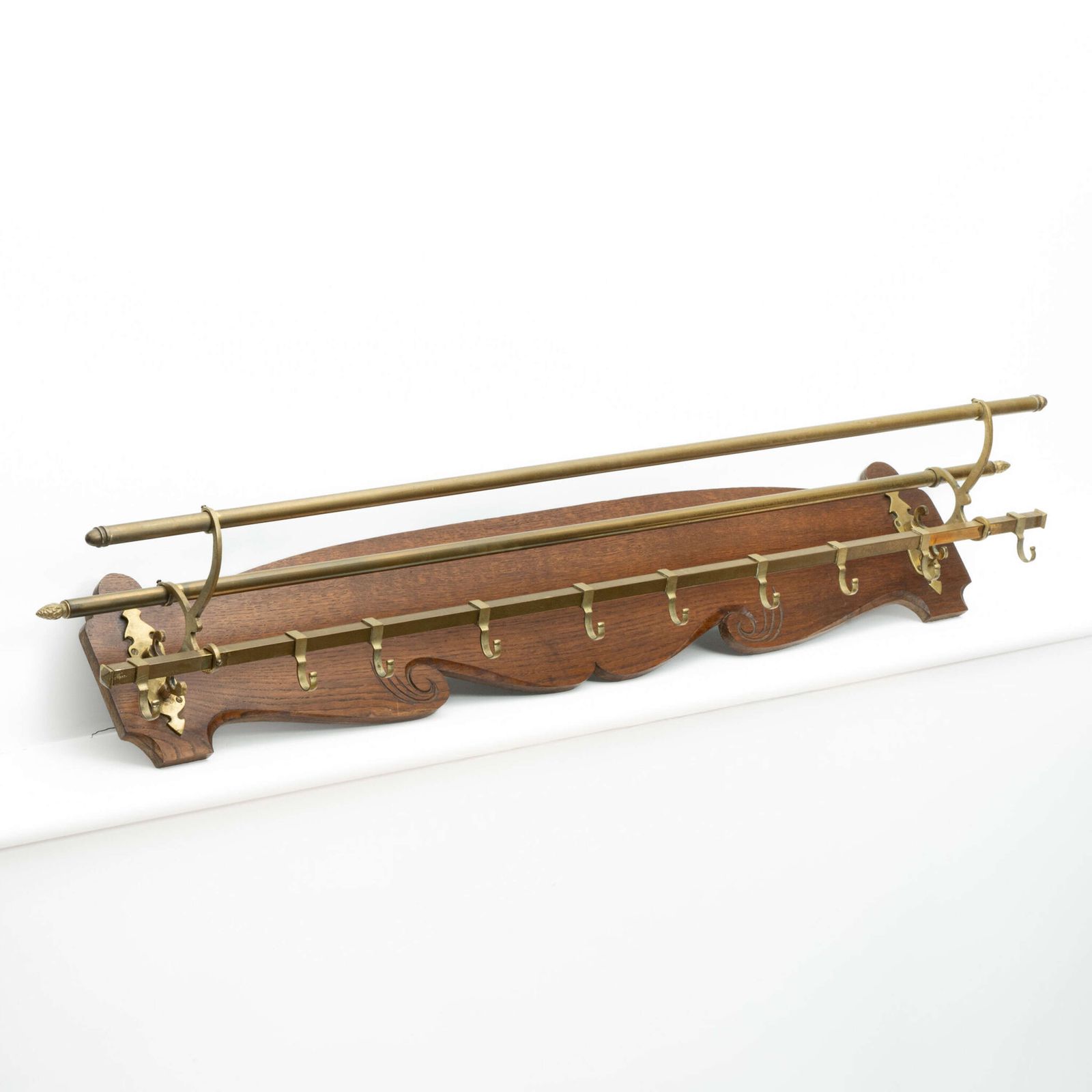 Large Oak Mounted Brass Coat Rack