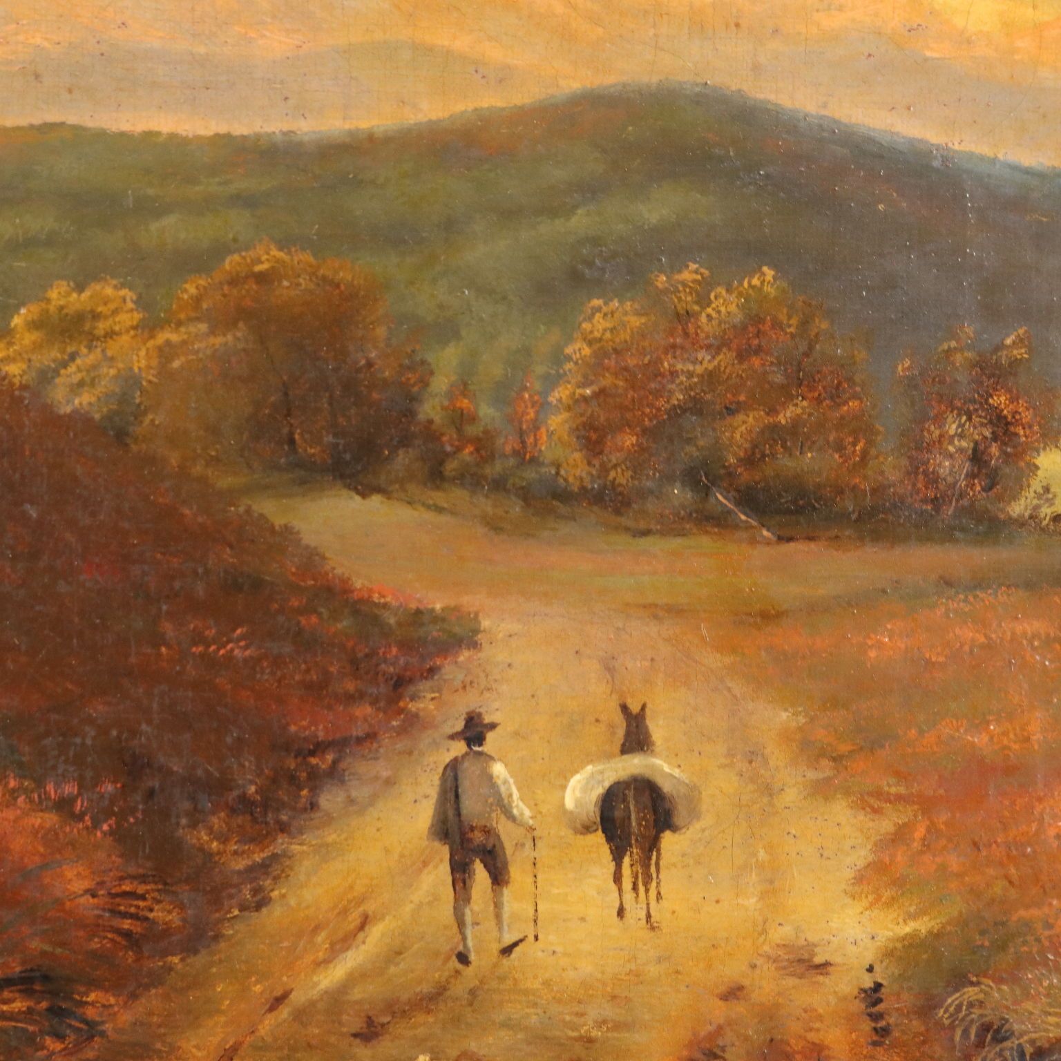 Countryside Glimpse With Figures Antique Painting Oil On Canvas '800 photo for sale