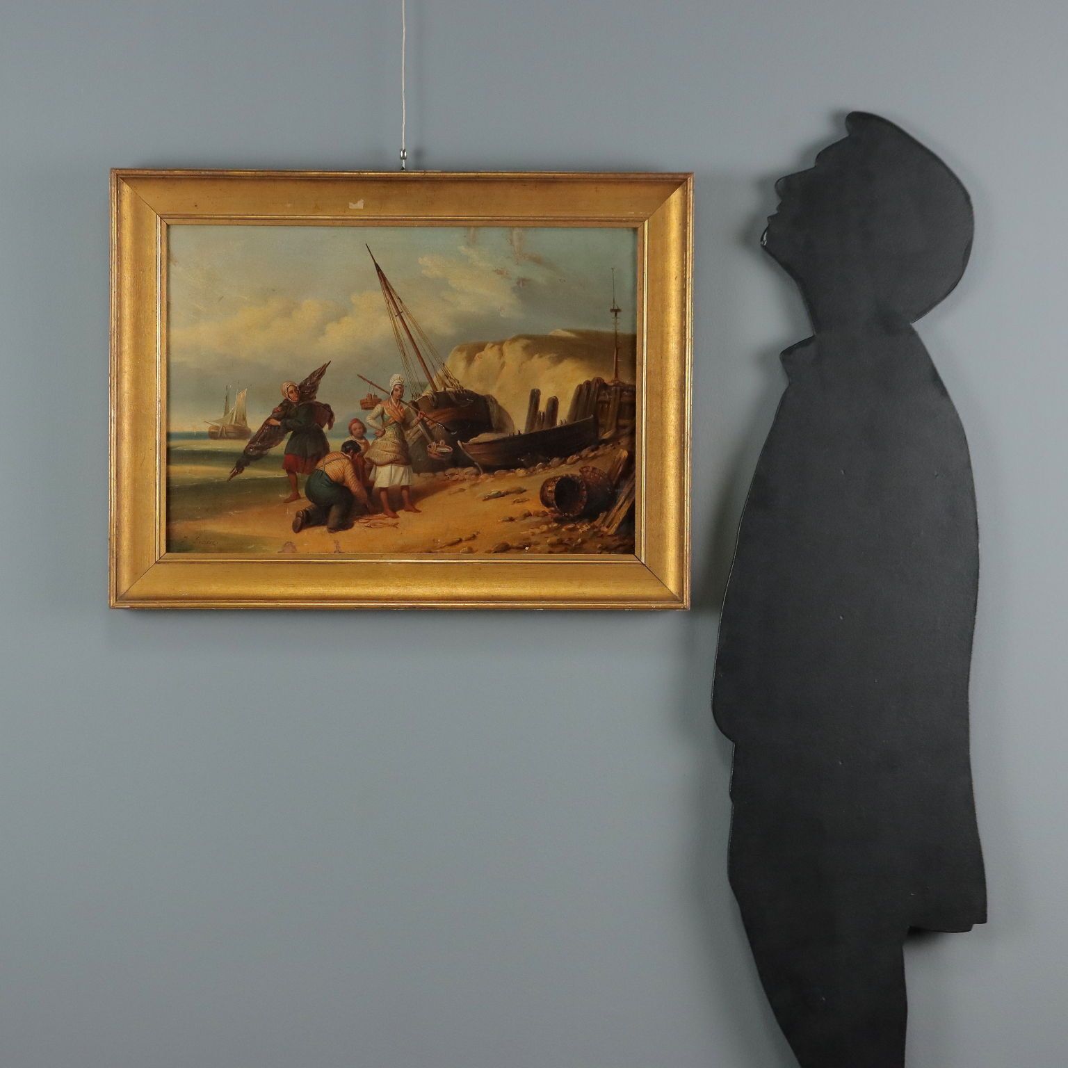 The Sale Of Fresh Fish Antique Painting Oil On Canvas XIX Century photo for sale