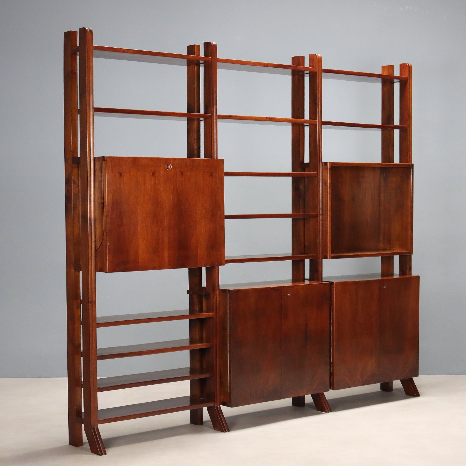 Vintage Bookcase Walnut With Shelves Design Italy 1940s 1950s