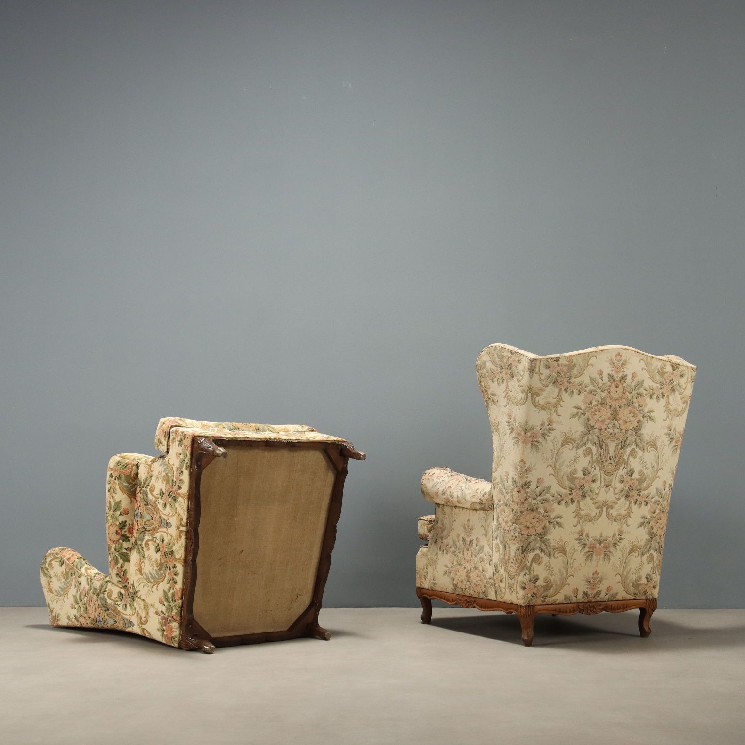 photo vinterior Antique Bergere Armchairs Beech Fabric Italy XX Century