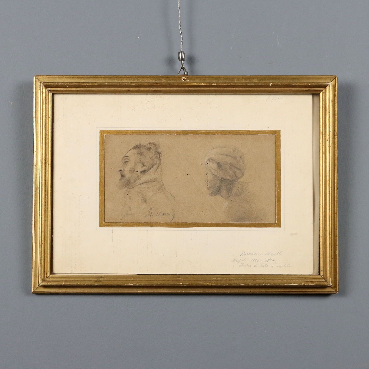 Dessin d'époque signé Domenico Morelli, étude de têtes, XIXe siècle