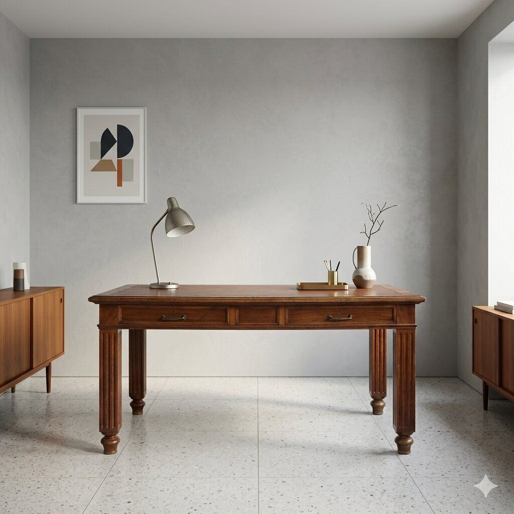 Bureau d'époque en noyer, cuir brun, Italie, XIXe siècle photo furniture