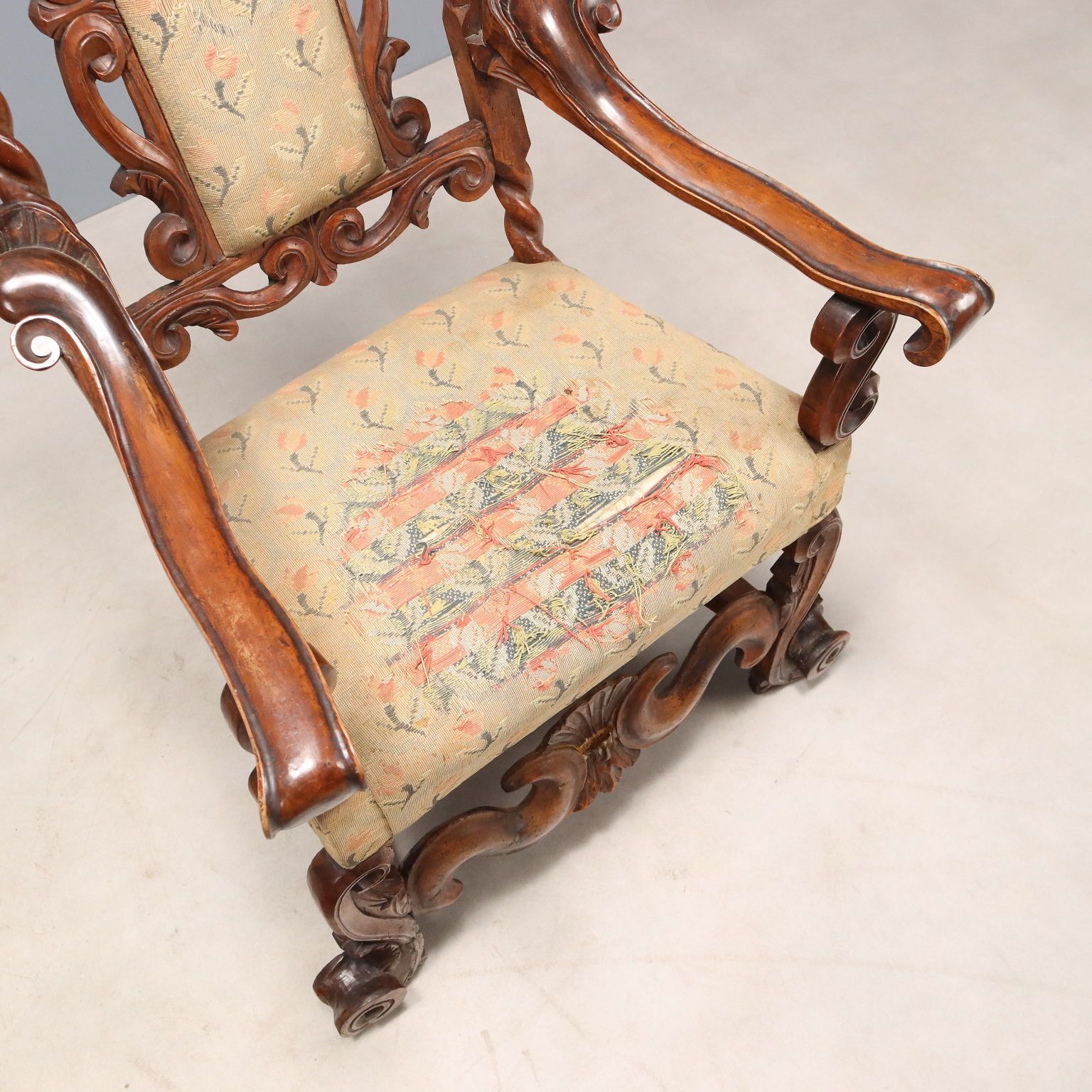 photo for sale Antique Baroque Armchairs Walnut Fabric Italy XVII Century
