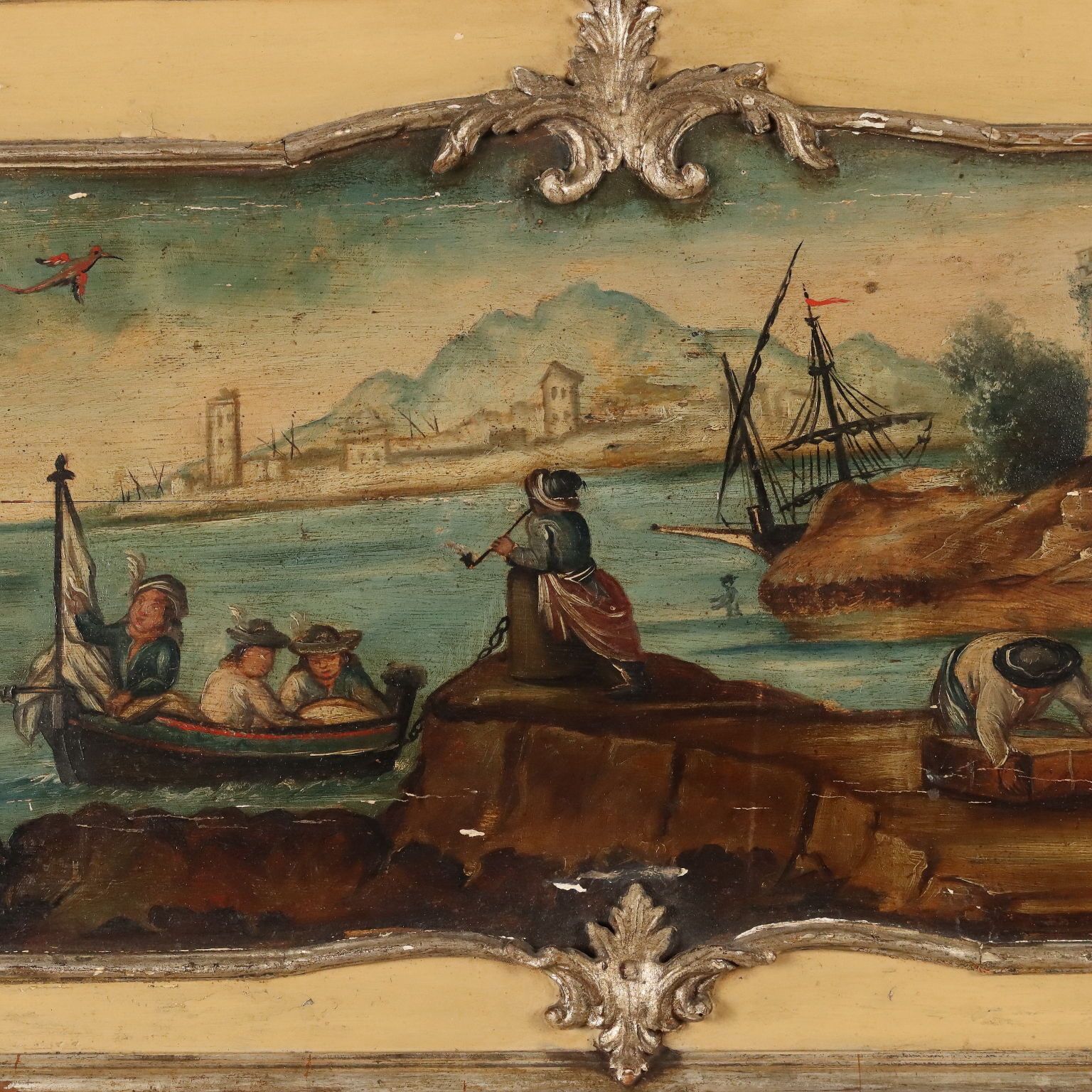 Peinture d'époque, vue de mer et de port, huile sur panneau dur, XIXe siècle photo for sale