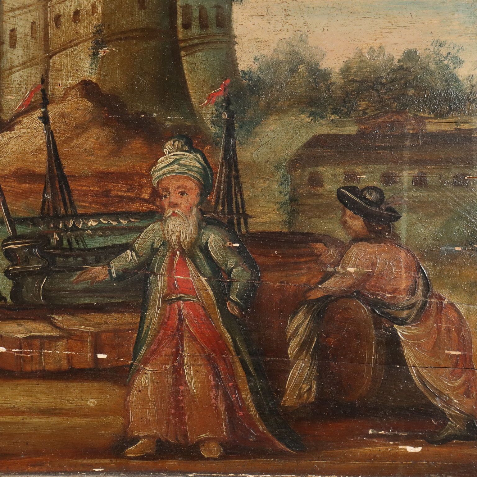 Peinture d'époque, vue de mer et de port, huile sur panneau dur, XIXe siècle photo buy