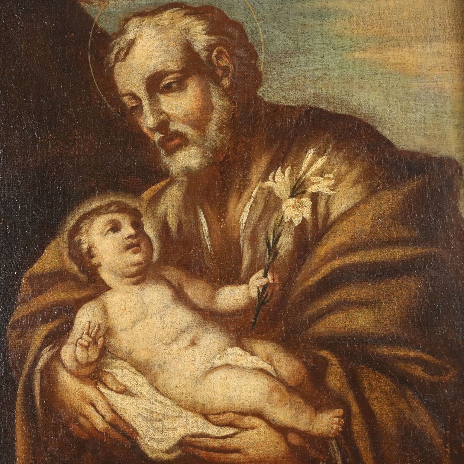Antiek schilderij Heilige Jozef, olieverf op doek, Italië, 17e eeuw photo for sale