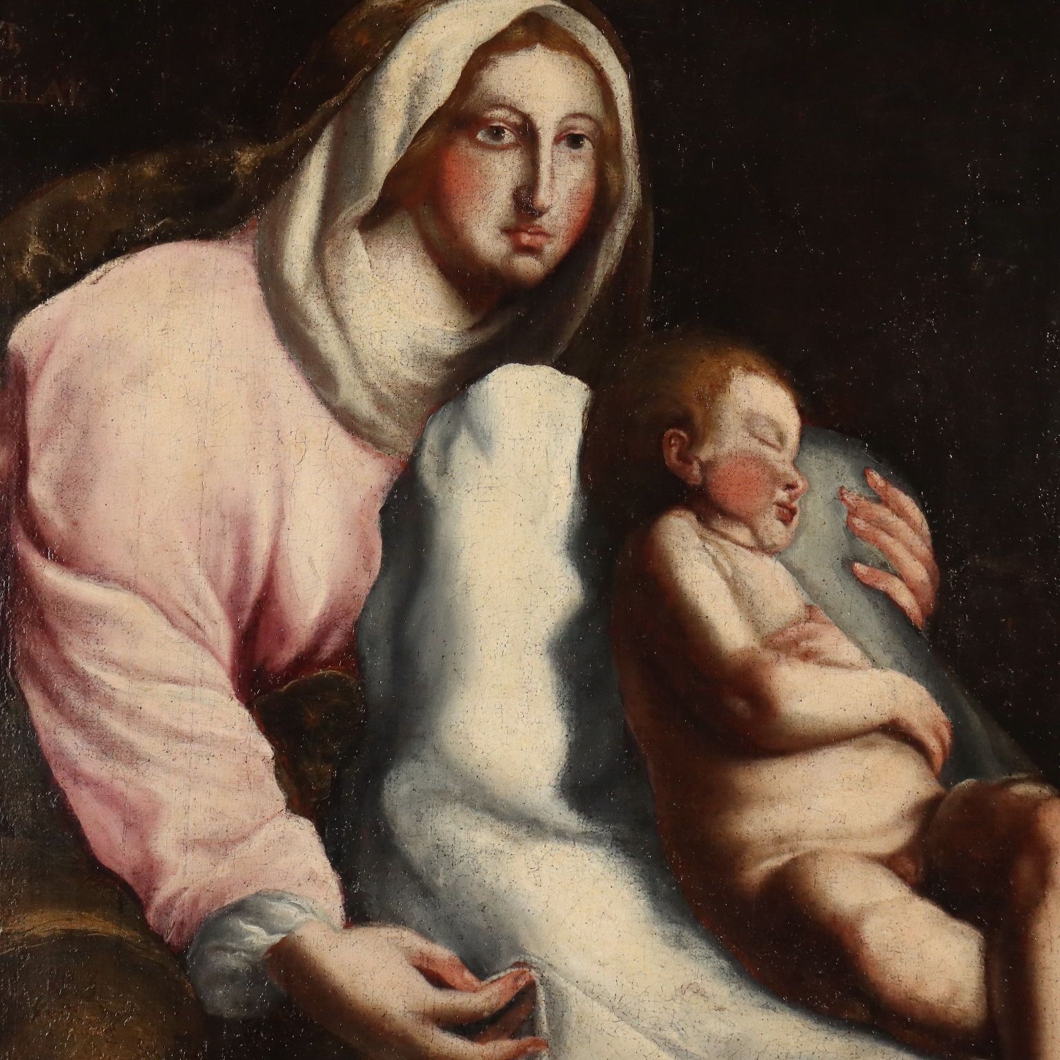 Tableau d'époque Vierge à l'Enfant, huile sur toile, XVIIIe siècle photo for sale