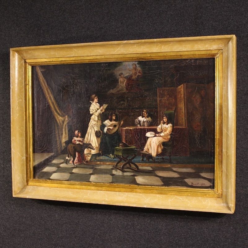 photo vintage Italian Interior Scene Painting Signed F. Bonati 1913