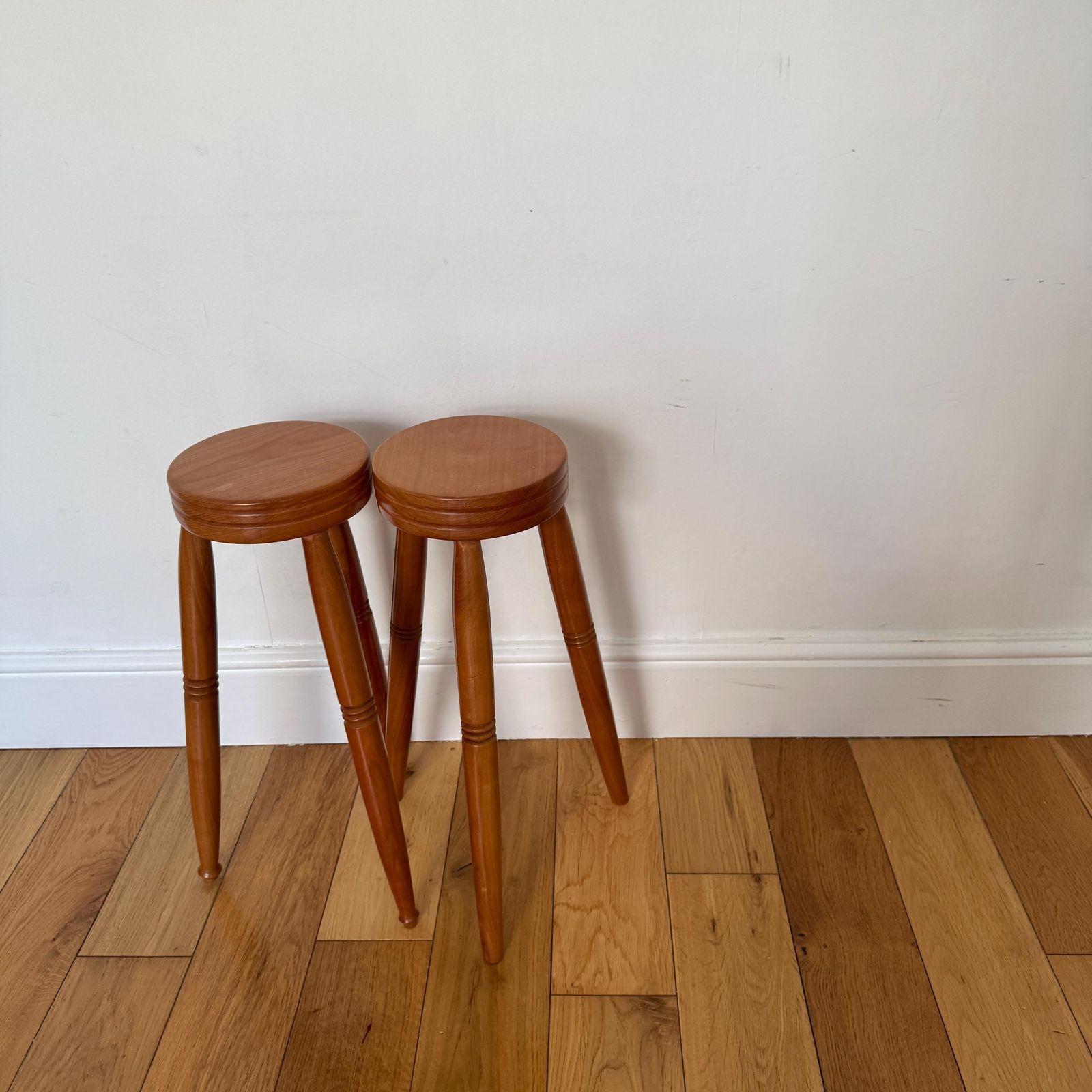 Vintage Wooden Three‑Leg Stools – Hand‑Turned Solid Wood Rustic Farmhouse Seating / Side Tables photo for sale