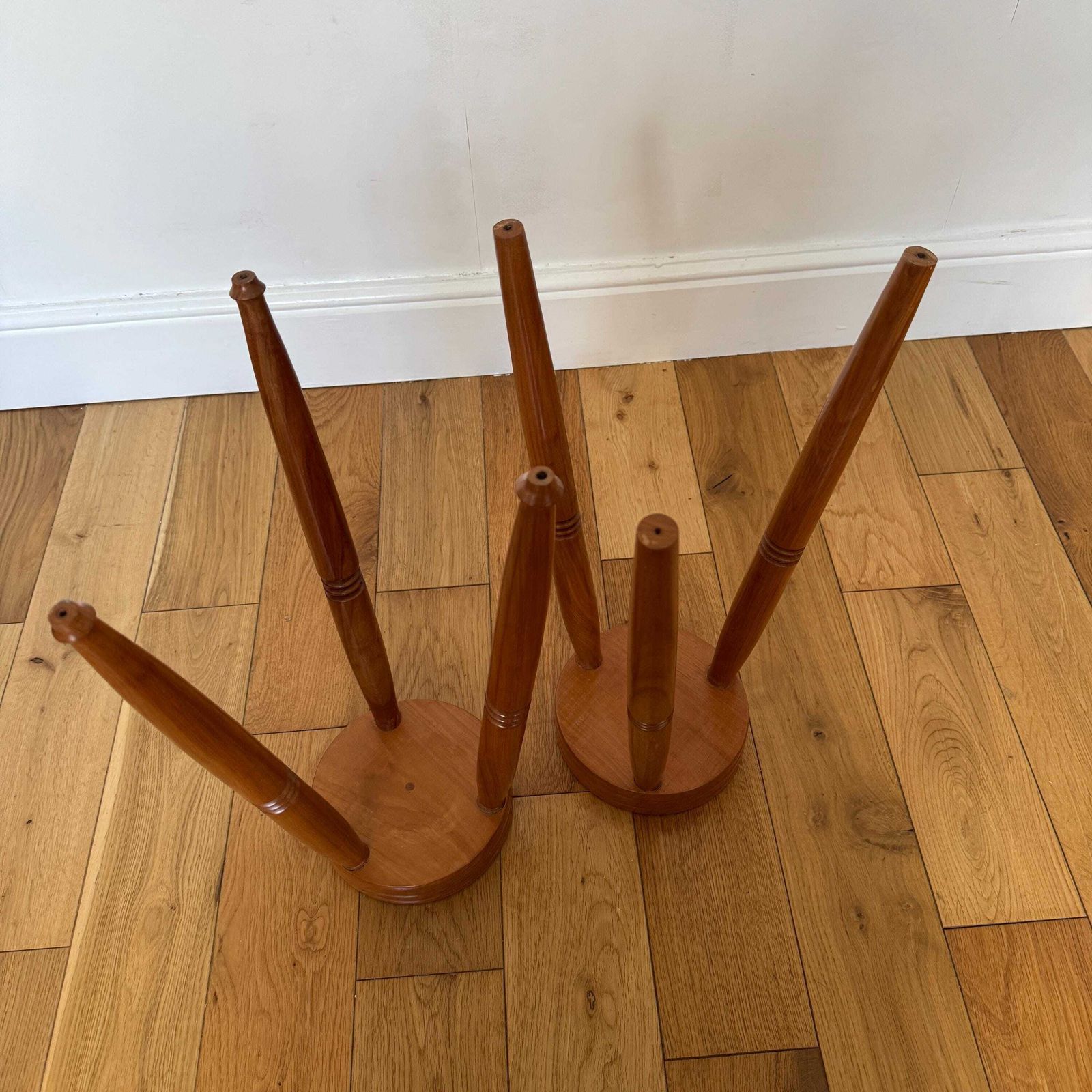 photo buy Vintage Wooden Three‑Leg Stools – Hand‑Turned Solid Wood Rustic Farmhouse Seating / Side Tables