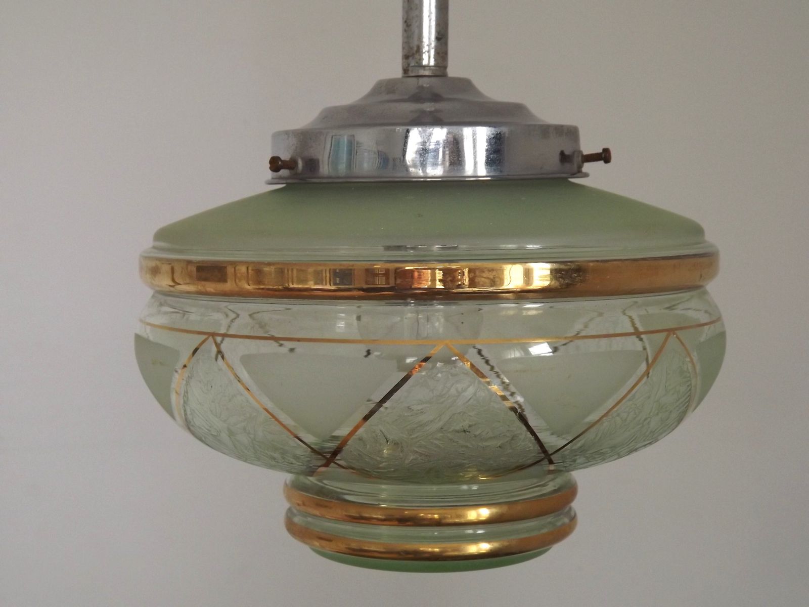 photo for sale French Green & Gold Art Deco Glass Shade Ceiling Light Silver Fittings