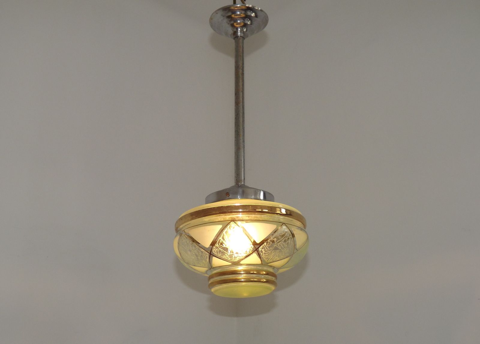 French Green & Gold Art Deco Glass Shade Ceiling Light Silver Fittings photo furniture