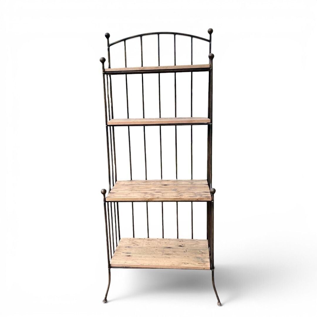Tall Metal Display Unit With Rustic Pine Wood Shelves photo furniture