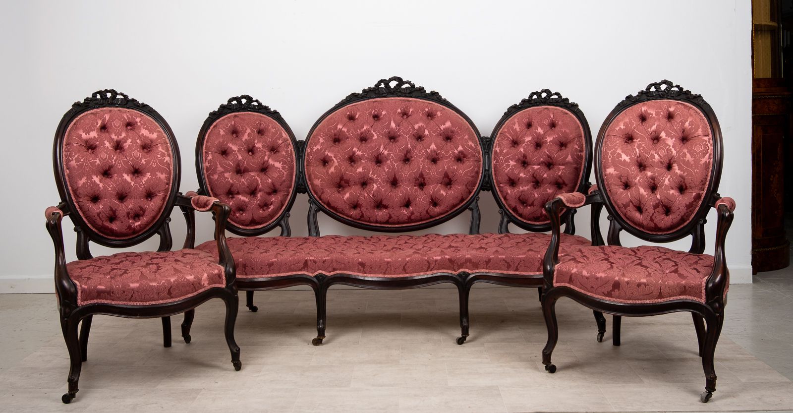Victorian Mahogany Three Piece Salon Suite With Deep Buttoned Upholstery C.1880 photo furniture