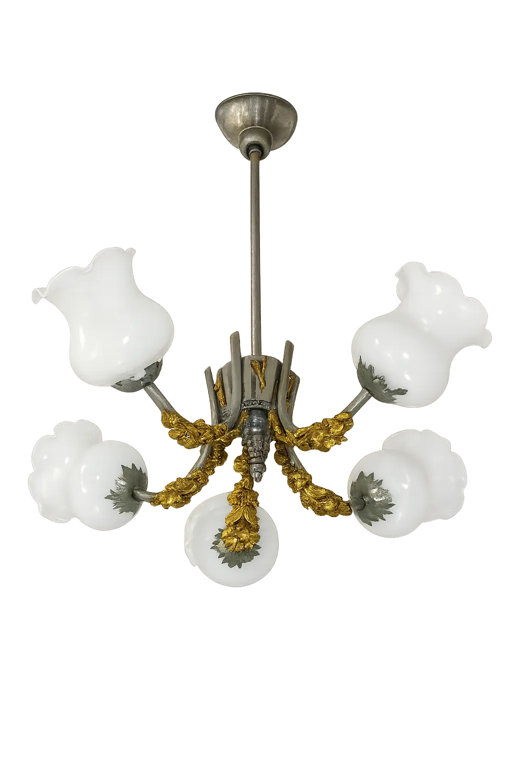 Art Nouveau Hanglamp, Ca. Jaren 1950 – 5 Lichtpunten