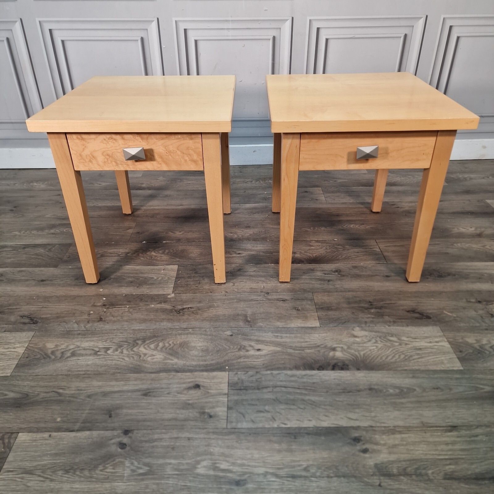Pair 2 Bedside Tables Maple Veneer Drawers Lamp Side Cabinet Nightstands Retro photo 110.0