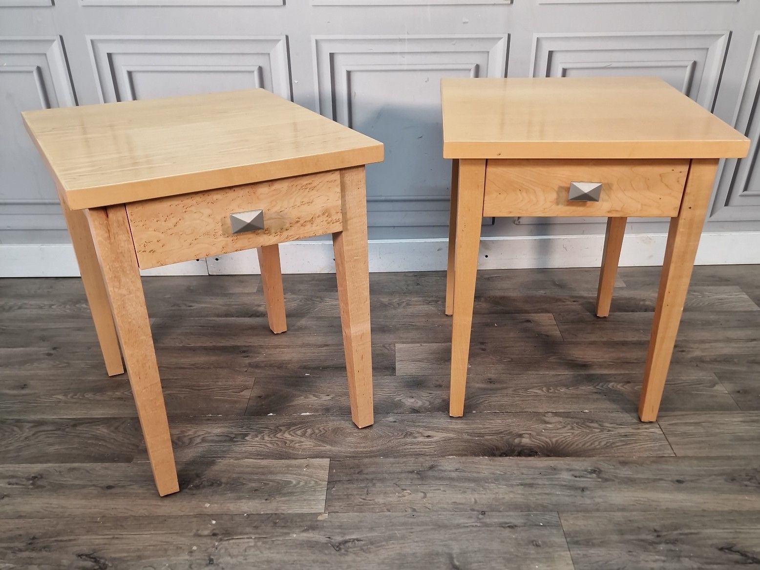 Pair 2 Bedside Tables Maple Veneer Drawers Lamp Side Cabinet Nightstands Retro photo furniture