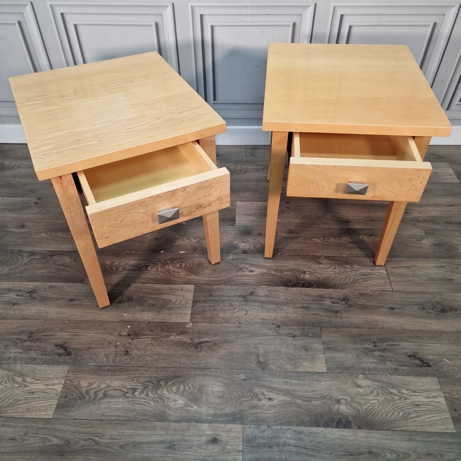 Pair 2 Bedside Tables Maple Veneer Drawers Lamp Side Cabinet Nightstands Retro photo 110.0
