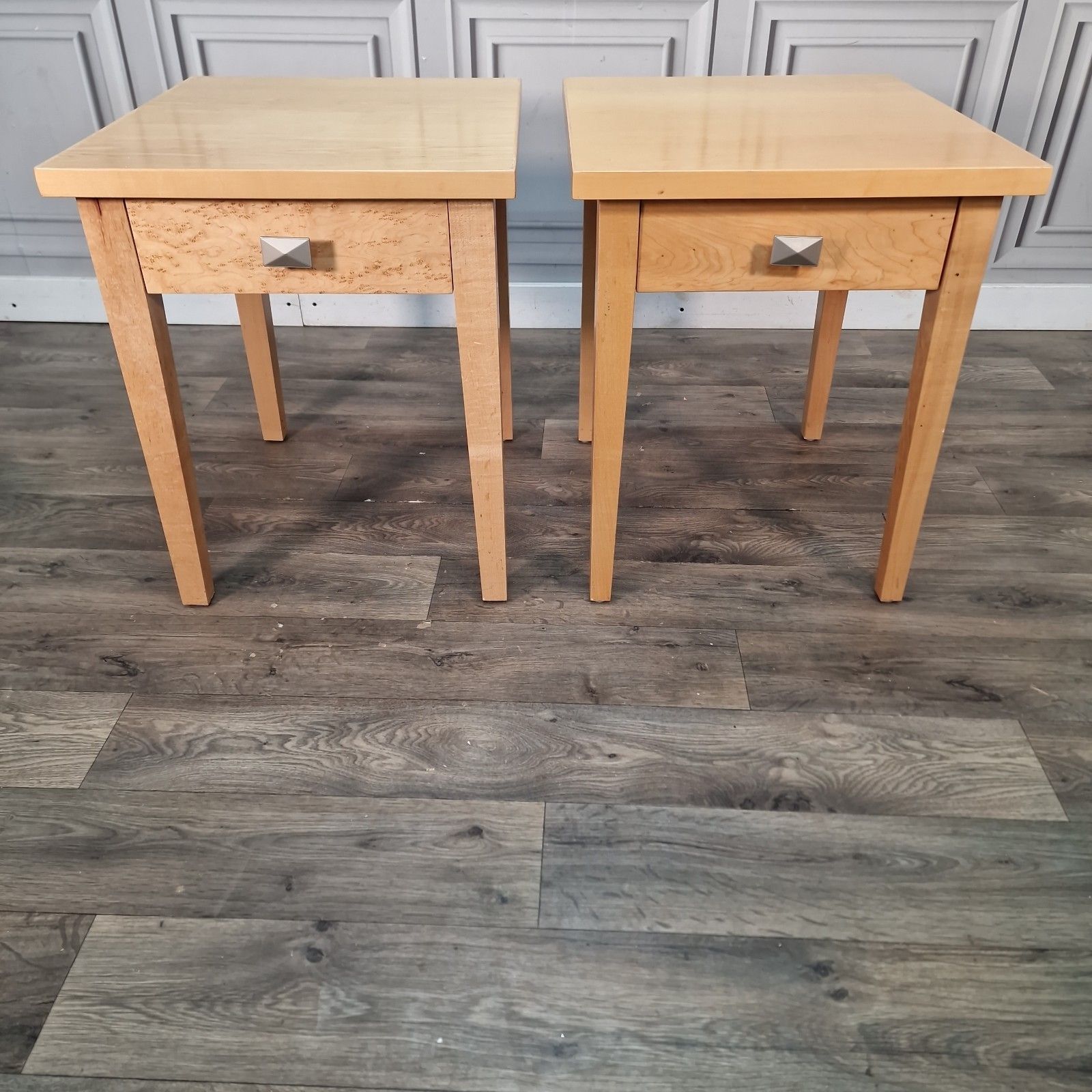 Pair 2 Bedside Tables Maple Veneer Drawers Lamp Side Cabinet Nightstands Retro photo vintage