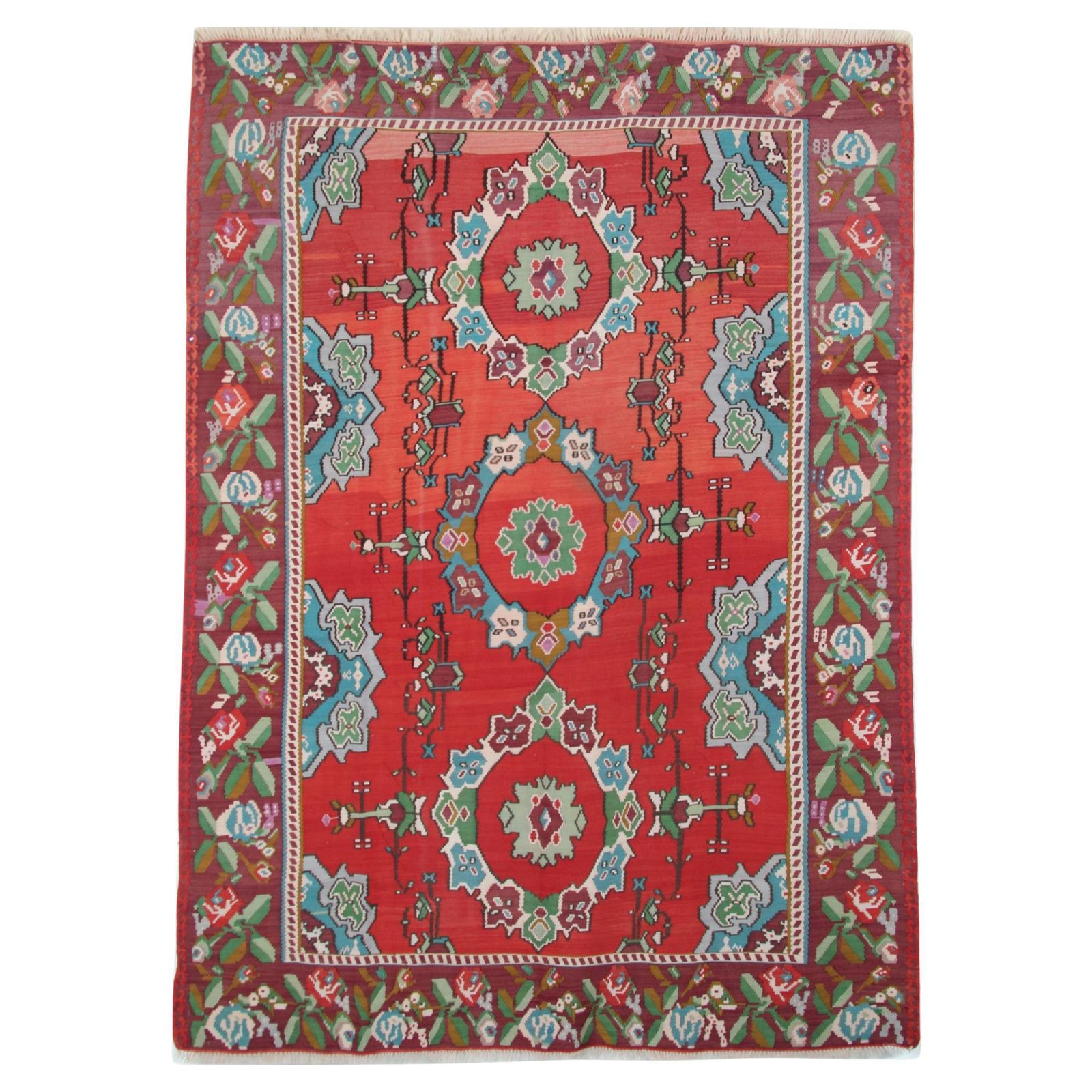 Antique Kilim Rug Moldovian Red Floral Handmade Wool Flatweave Carpet Livingroom