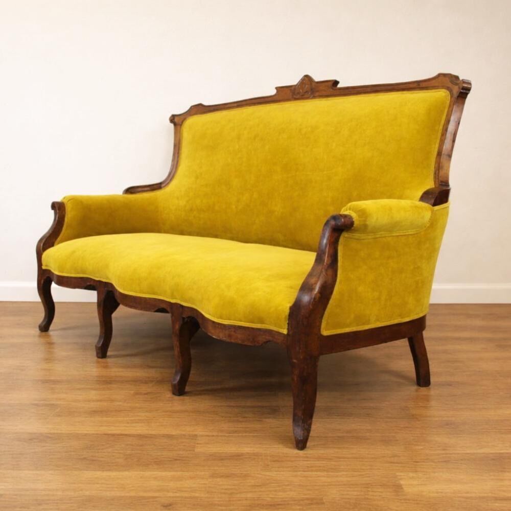 Art Nouveau Walnut And Mustard Velvet Sofa photo Furniture