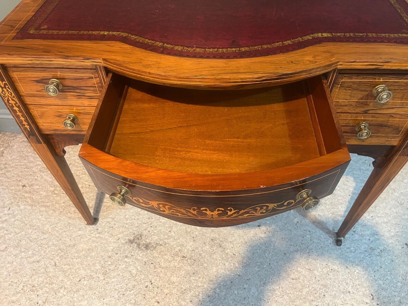 Furniture Antique Desk /Writing Desk Red Leather Top Inlaid Rosewood Mid 1800’s photo